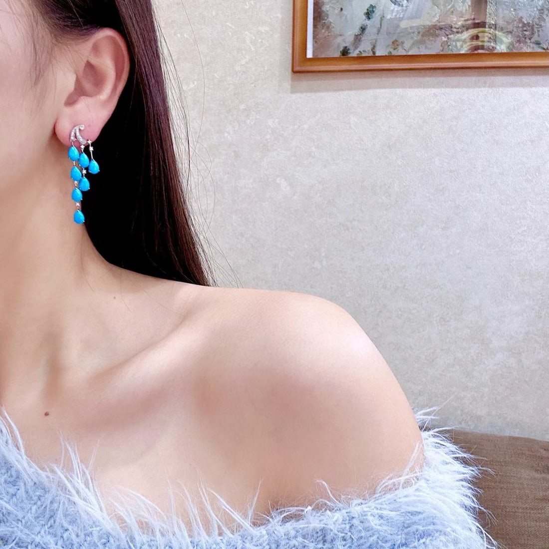 14k Gold 9.41 Ctw Natural Blue Turquoise & Diamond Earrings - 3