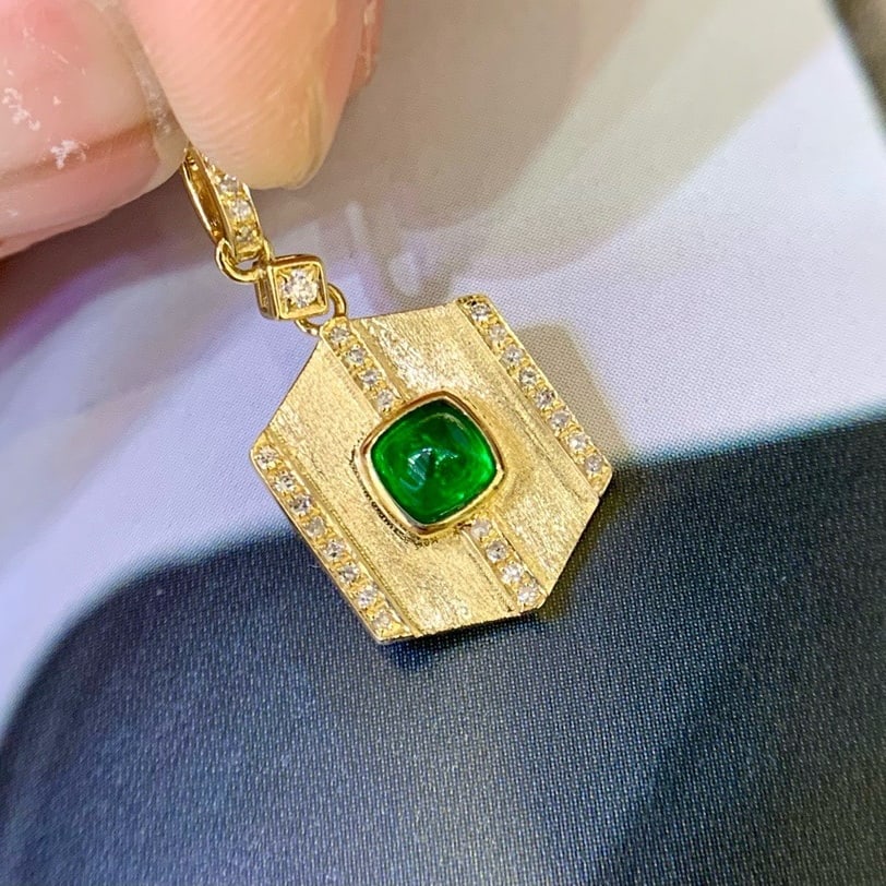 14k Gold 0.35 Ct Vivid Green Natural Emerald & Diamond Pendant( Without Chain ) - 3
