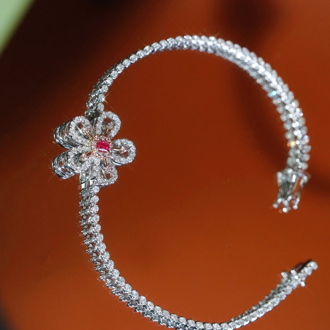 14k Gold 1.50 Ctw Natural Pink Diamond & Diamond & Flowers Bracelet - 6