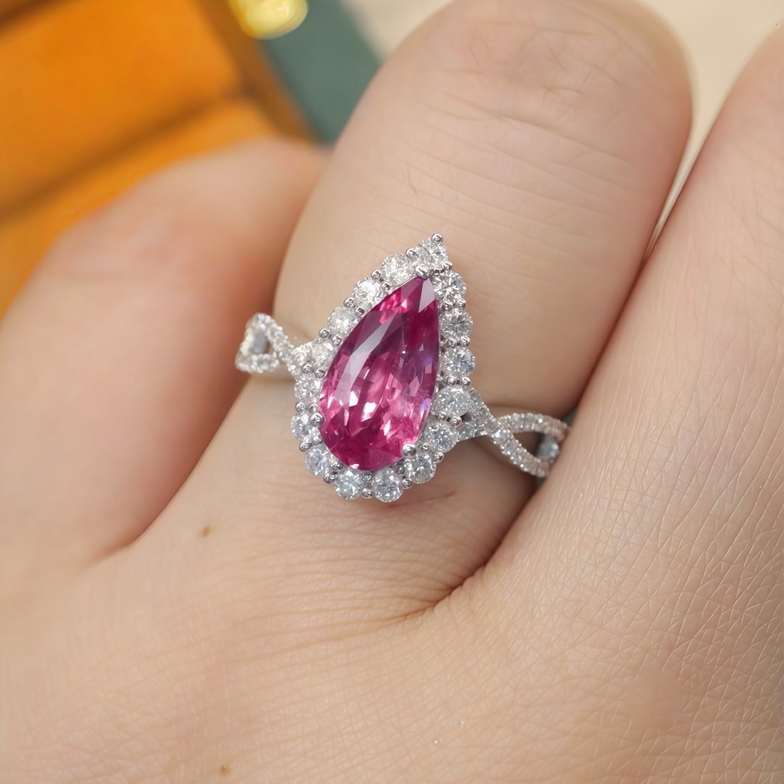14k Gold 1.98 Ctw Natural Sapphire & Diamond Ring: Ref:231154198 // gold content:14k gold // ring size:7. 25us // // main gemstone:sapphire // shape:pear // carat weight:1. 55ct // color:pink // treatment:natural // // adjacent gemstone 2 : diamond