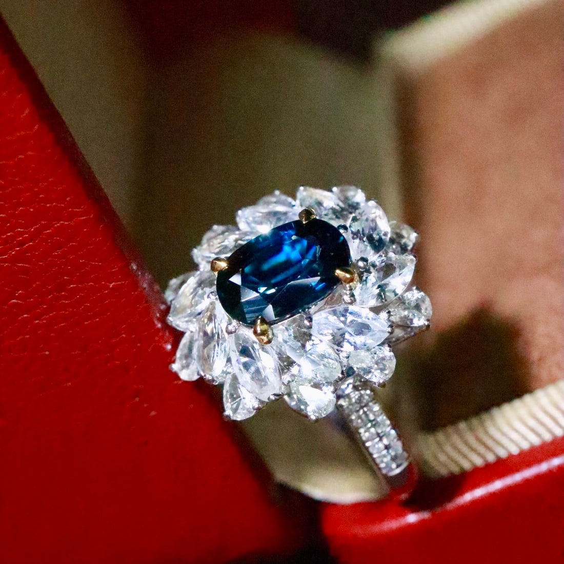 14k Gold 1.47 Ctw Natural Sapphire & Diamond Ring: Ref:231154213 // gold content:14k gold // ring size:7. 25us // // main gemstone:sapphire // shape:oval // carat weight:1. 38ct // color:blue // treatment:natural // // adjacent gemstone 2 : diamond