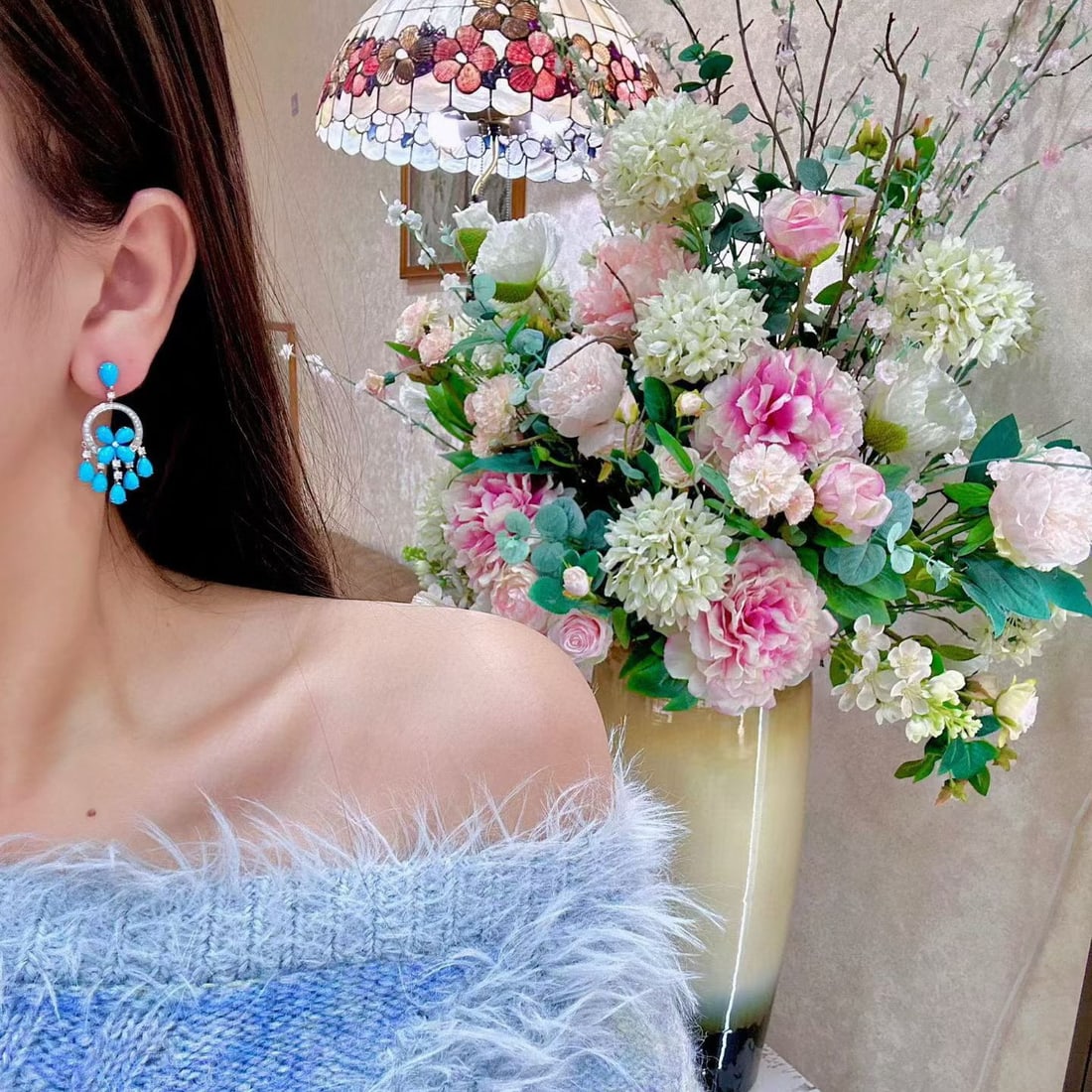 14k Gold 8.98 Ctw Natural Blue Turquoise & Diamond Earrings: Ref:231154215 // gold content:14k gold // main gemstone:blue turquoise // shape:pear // carat weight:8. 26ct // color:blue // treatment:natural // // adjacent gemstone 2 : diamond // shape:round // ca
