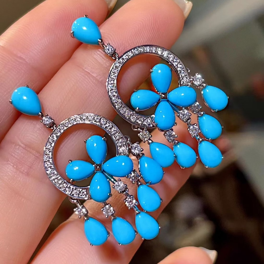 14k Gold 8.98 Ctw Natural Blue Turquoise & Diamond Earrings - 2