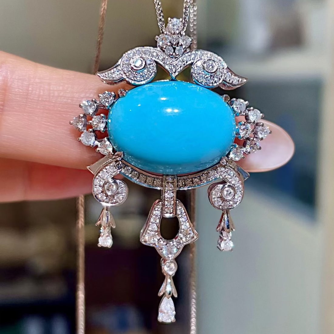 14k Gold 13.43 Ctw Natural Blue Turquoise & Diamond Pendant( Without Chain ): Ref:231154223 // gold content:14k gold // main gemstone:blue turquoise // shape:oval // carat weight:12. 28ct // color:blue // treatment:natural // // adjacent gemstone 2 : diamond // shape:multiple /