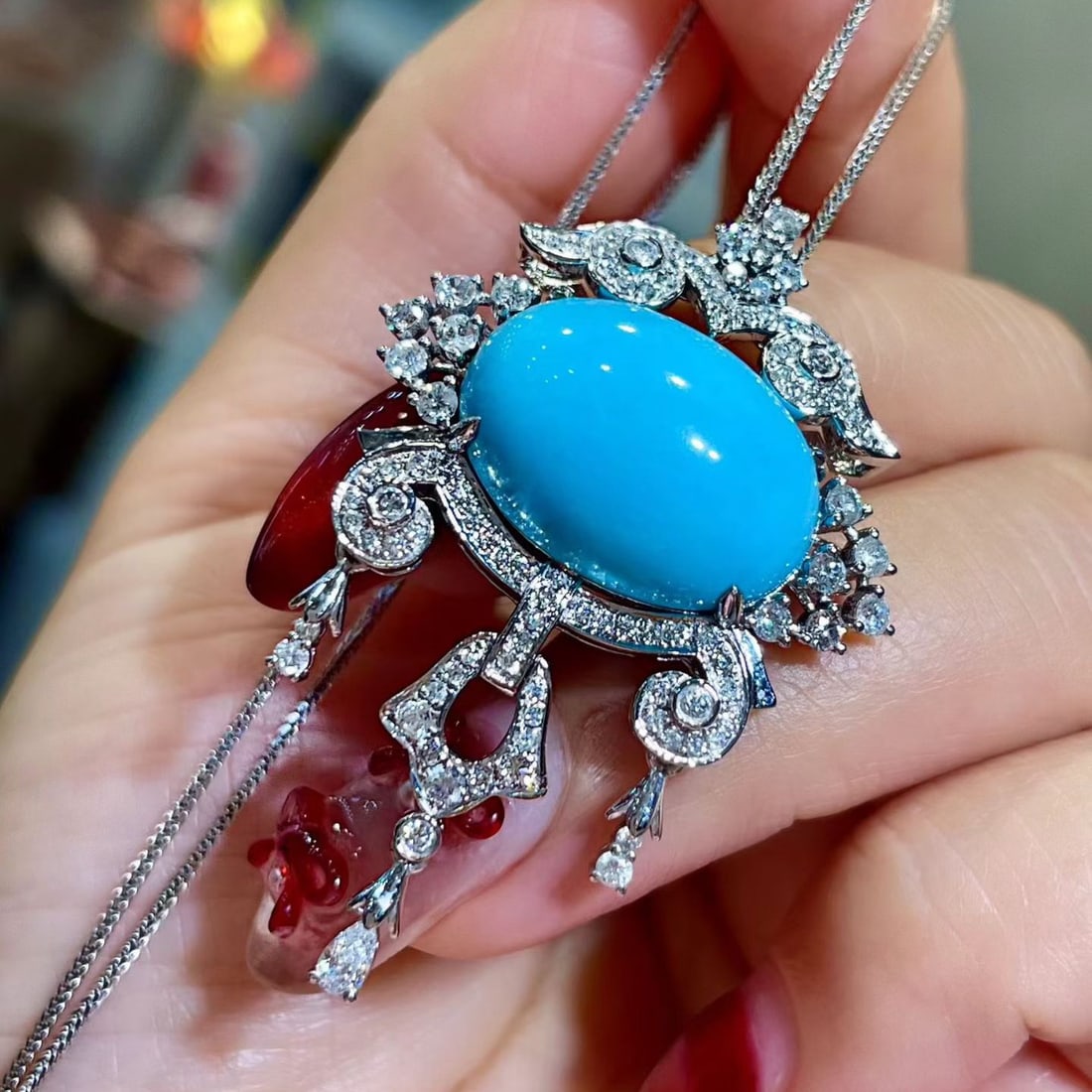 14k Gold 13.43 Ctw Natural Blue Turquoise & Diamond Pendant( Without Chain ) - 2