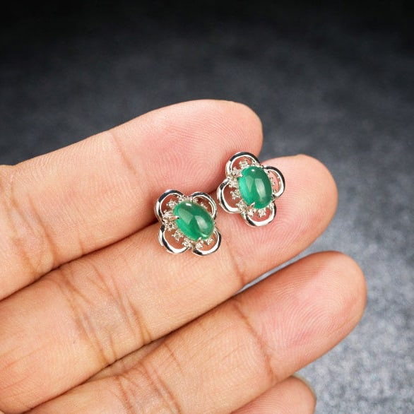 14k Gold 2.1 Ct Natural Emerald & Diamond Earrings - 6