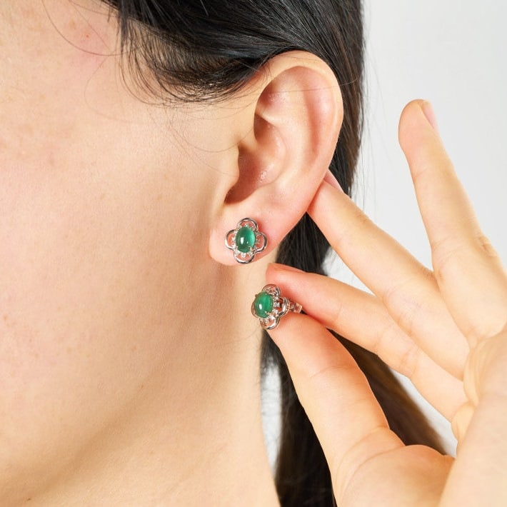 14k Gold 2.1 Ct Natural Emerald & Diamond Earrings - 7