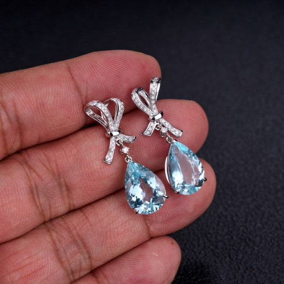 14k Gold 6.14 Ct Natural Aquamarine & Diamond Earrings - 8