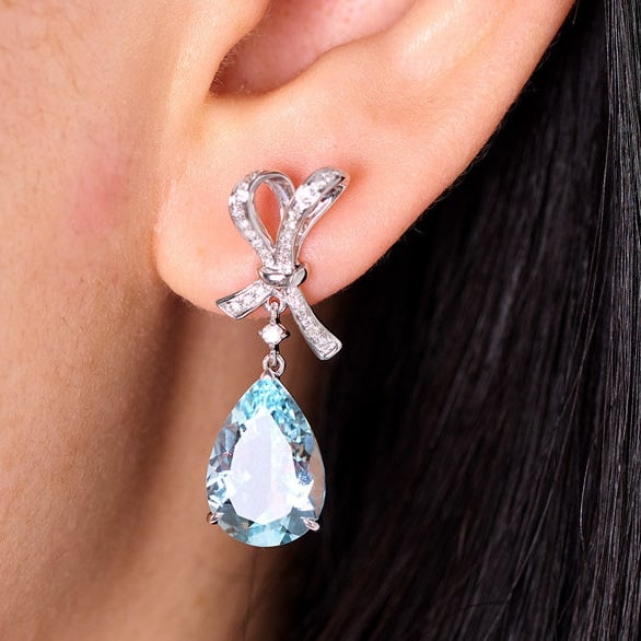 14k Gold 6.14 Ct Natural Aquamarine & Diamond Earrings - 9