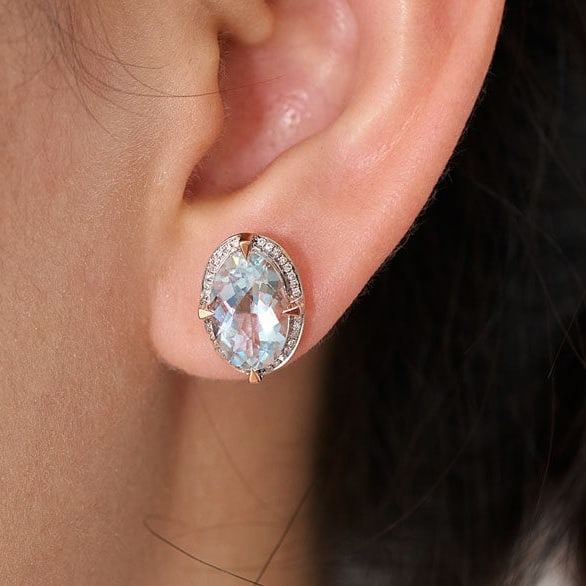 14k Gold 3.66 Ct Natural Aquamarine & Diamond Earrings - 7
