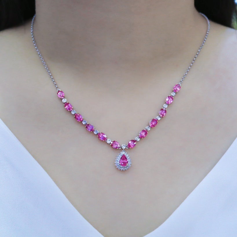 14k Gold 8.89 Ctw Natural Padparadscha Sapphire & Diamond Necklace - 5