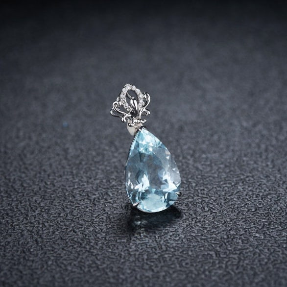 14k Gold 5.9 Ct Natural Aquamarine & Diamond Pendant( Without Chain ) - 2