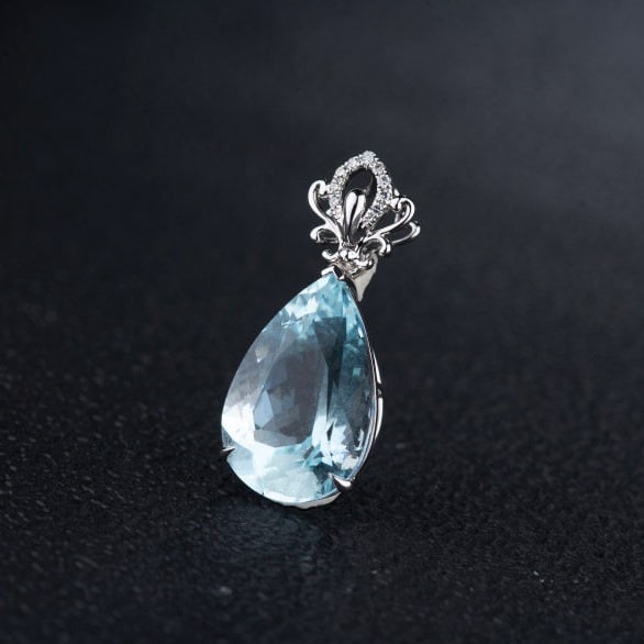 14k Gold 5.9 Ct Natural Aquamarine & Diamond Pendant( Without Chain ) - 6