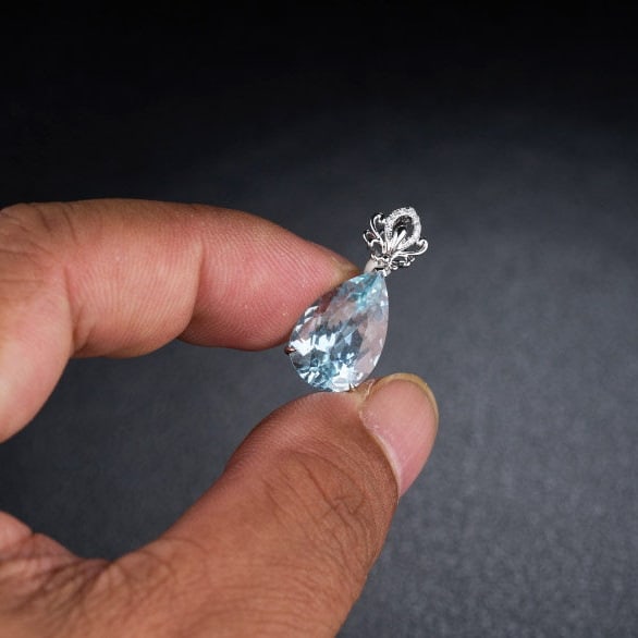 14k Gold 5.9 Ct Natural Aquamarine & Diamond Pendant( Without Chain ) - 8