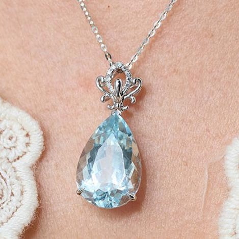 14k Gold 5.9 Ct Natural Aquamarine & Diamond Pendant( Without Chain ) - 9