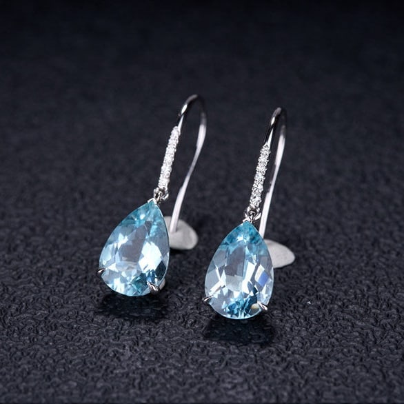 14k Gold 3.25 Ct Natural Aquamarine & Diamond Earrings - 2