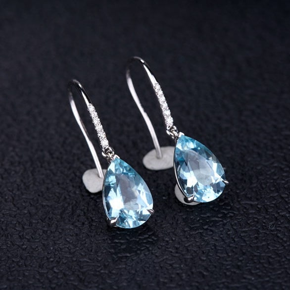 14k Gold 3.25 Ct Natural Aquamarine & Diamond Earrings - 5