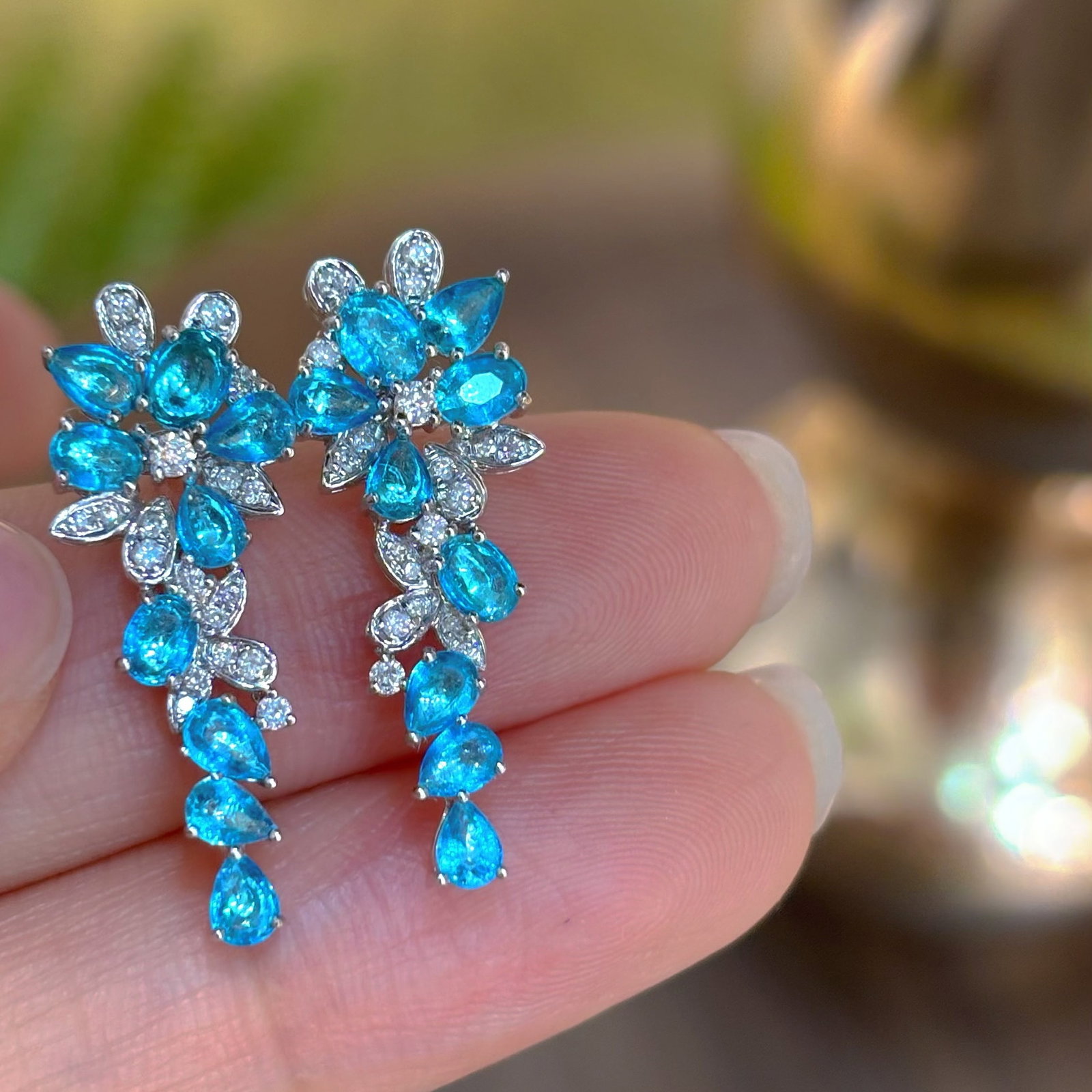 14k Gold 1.8 Ct Natural Paraiba Tourmaline & Diamond Earrings - 2