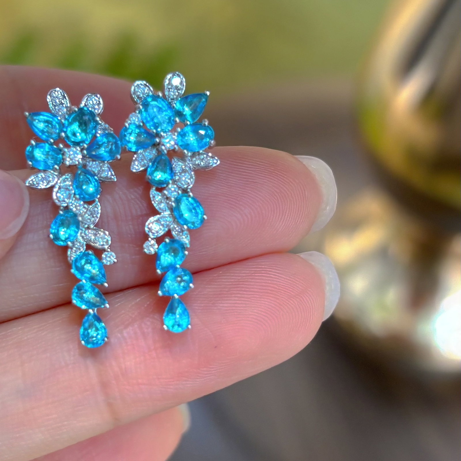 14k Gold 1.8 Ct Natural Paraiba Tourmaline & Diamond Earrings - 4