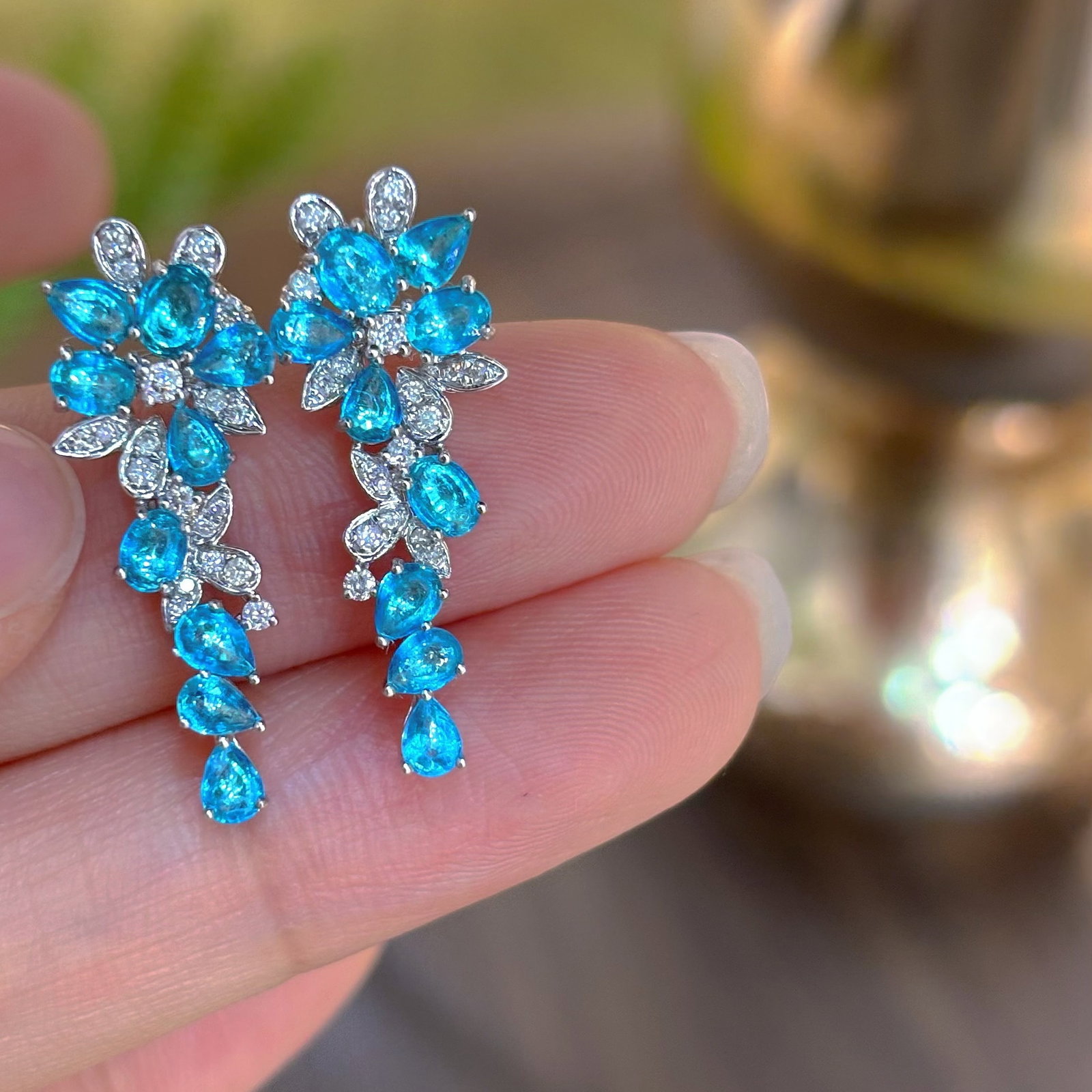 14k Gold 1.8 Ct Natural Paraiba Tourmaline & Diamond Earrings - 5