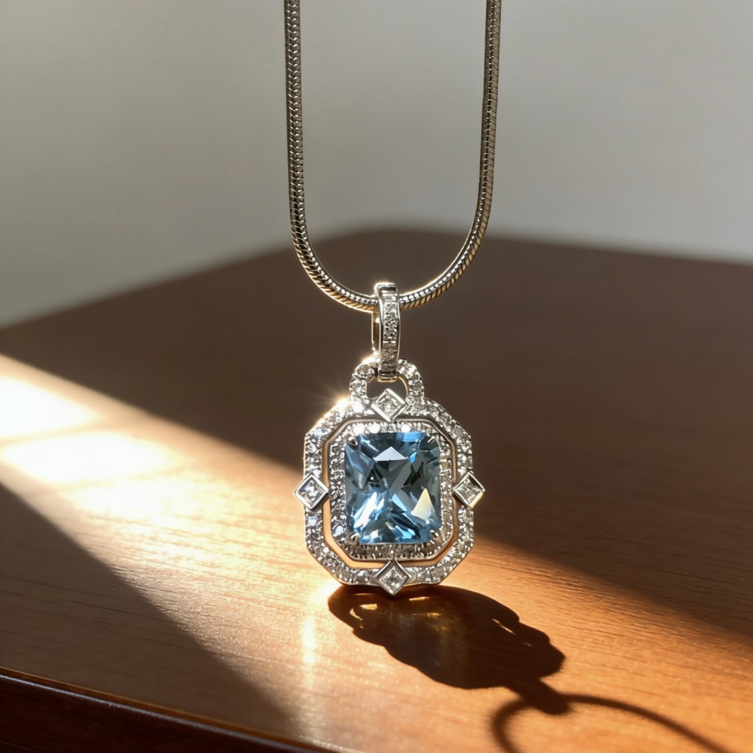 14k Gold 1 Ct Natural Aquamarine & Diamond Pendant( Without Chain ) - 2