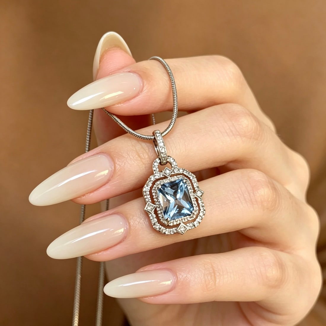 14k Gold 1 Ct Natural Aquamarine & Diamond Pendant( Without Chain ) - 6