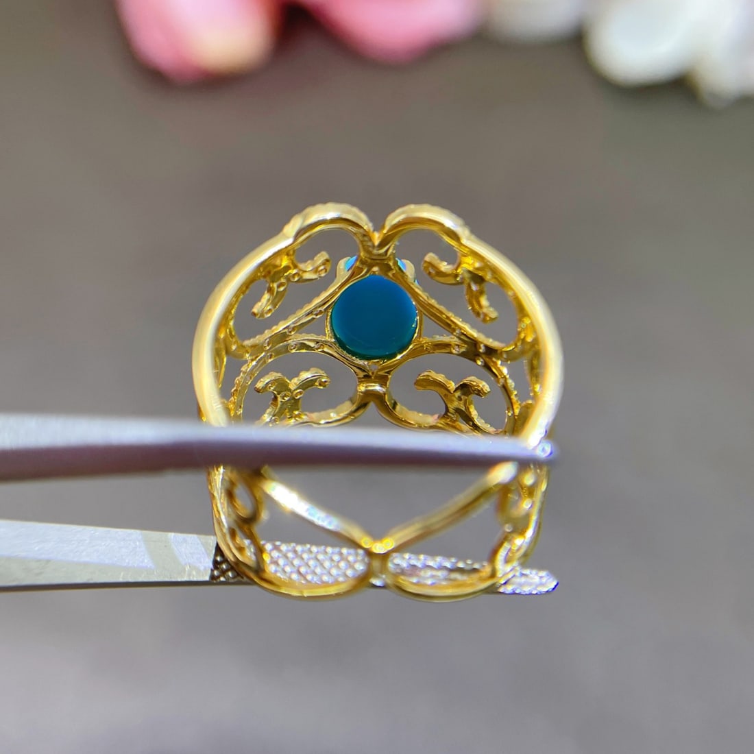 14k Gold 1.19 Ctw Natural Blue Turquoise & Diamond Ring - 5