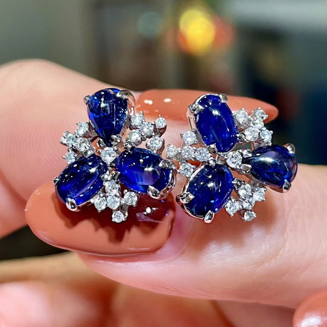 14k Gold 3.31 Ctw Natural Sapphire & Diamond Earrings: Ref:231154402 // gold content:14k gold // main gemstone:sapphire // shape:multiple // carat weight:3. 01ct // color:blue // treatment:natural // // adjacent gemstone 2 : diamond // shape:round //