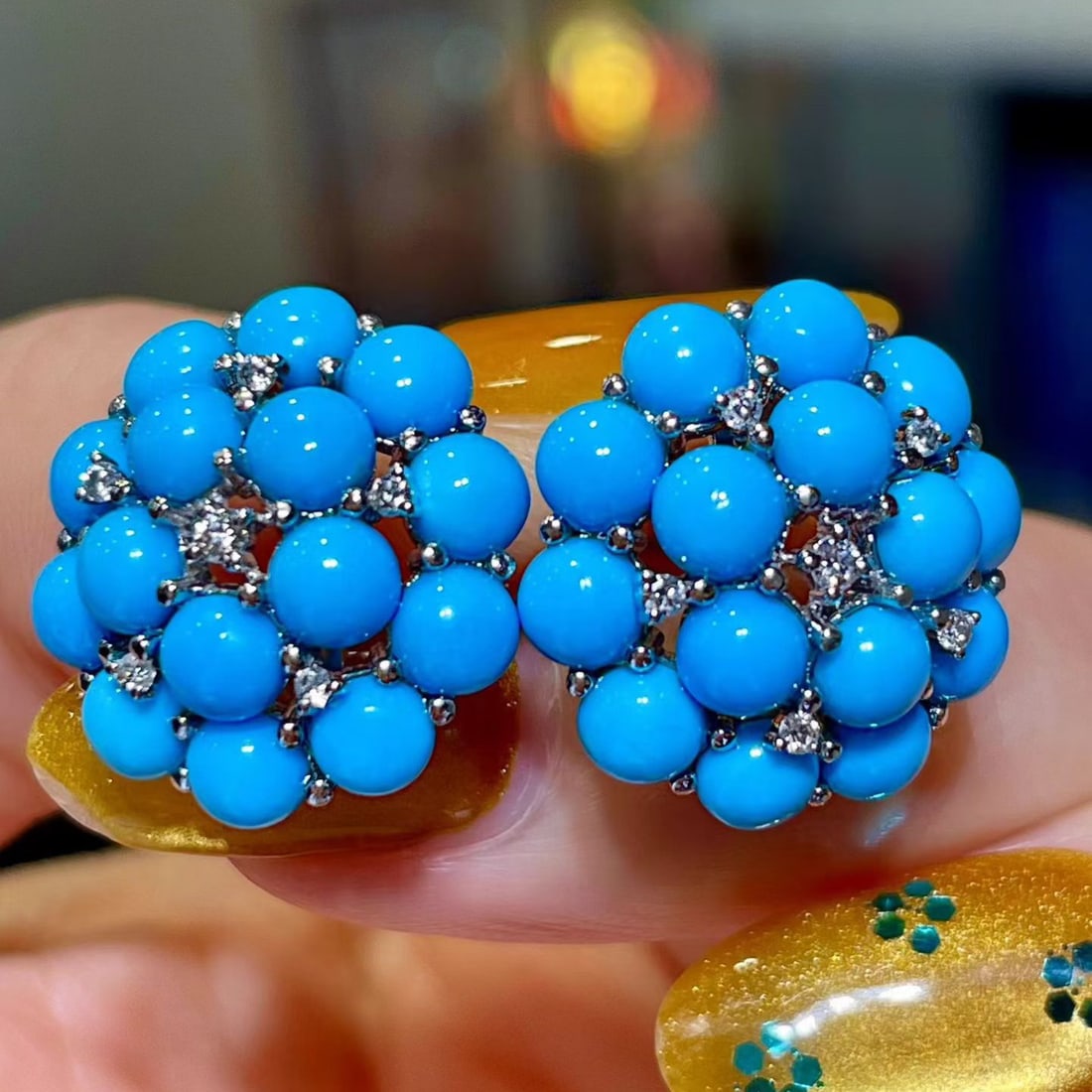 14k Gold 9.22 Ctw Natural Blue Turquoise & Diamond Earrings: Ref:231154412 // gold content:14k gold // main gemstone:blue turquoise // shape:round // carat weight:9. 08ct // color:blue // treatment:natural // cut grade:g // // adjacent gemstone 2 : diamond // s
