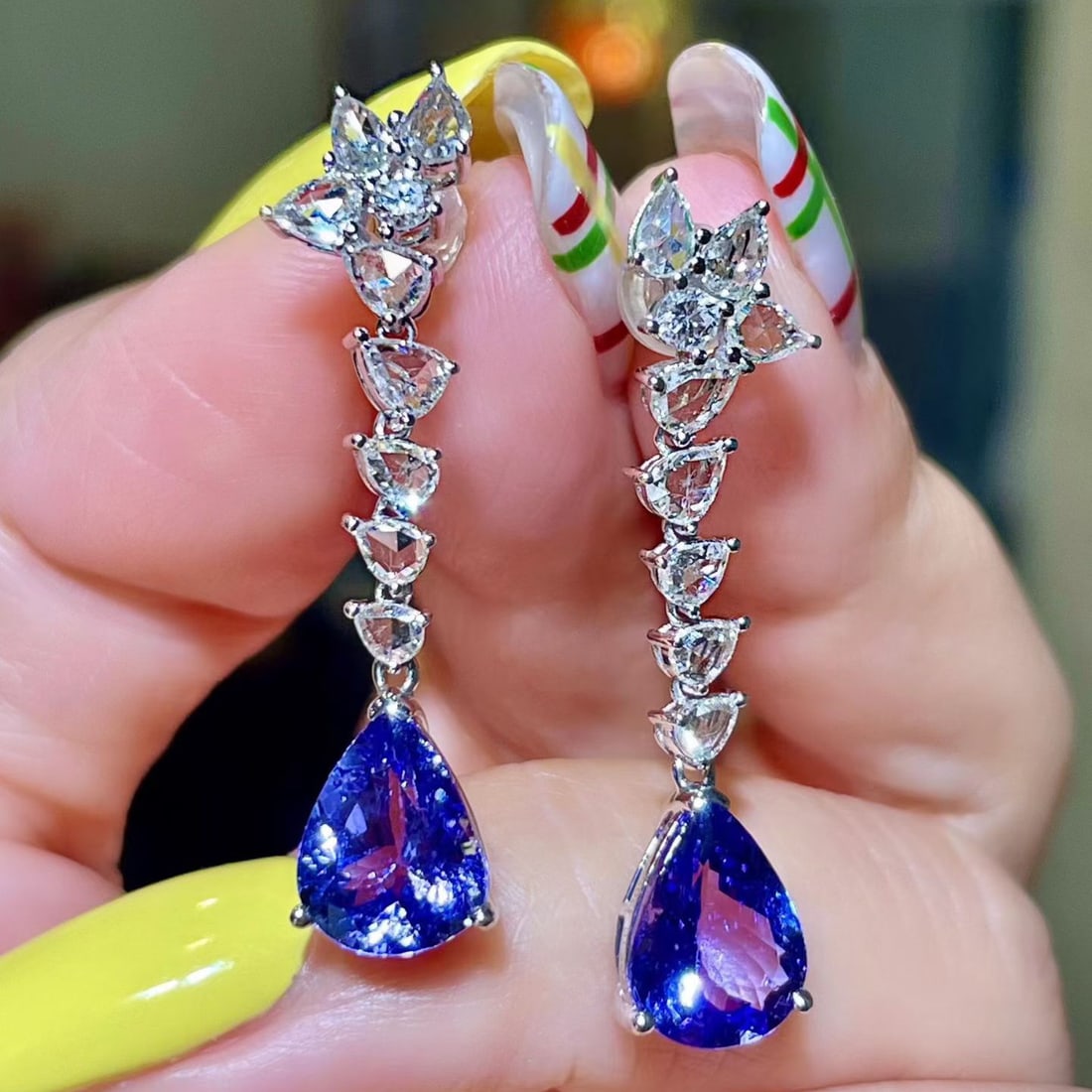 14k Gold 8.0 Ctw Natural Tanzanite & Diamond Earrings: Ref:231154420 // gold content:14k gold // main gemstone:tanzanite // shape:pear // carat weight:5. 0ct // color:blue // treatment:natural // // adjacent gemstone 2 : diamond // shape:multiple // carat