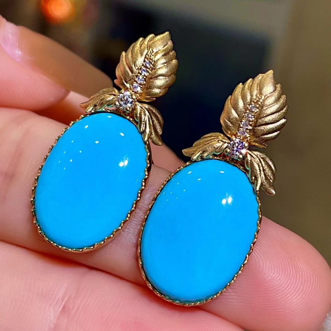 14k Gold 14.96 Ctw Natural Blue Turquoise & Diamond Earrings - 2
