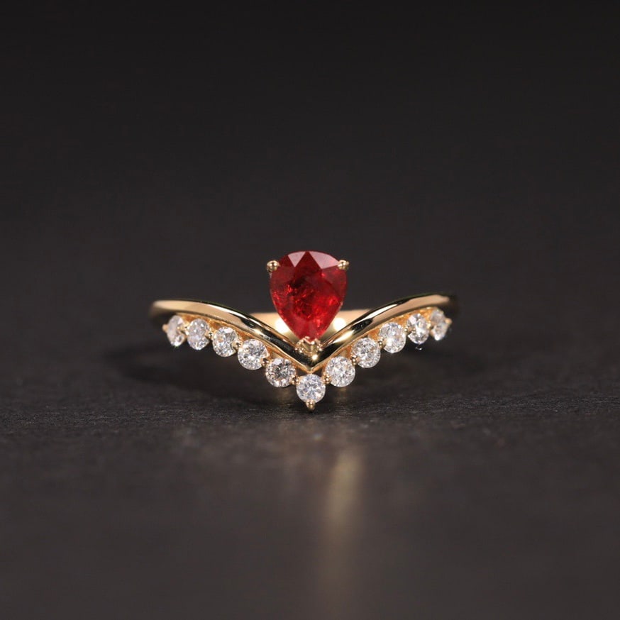 14k Gold 0.52 Ct Natural Ruby & Diamond Ring: Ref:231154425 // gold content:14k gold // ring size:7. 25us // // main gemstone:ruby // shape:pear // carat weight:0. 52ct // color:red // treatment:natural // // adjacent gemstone 2 : diamond //