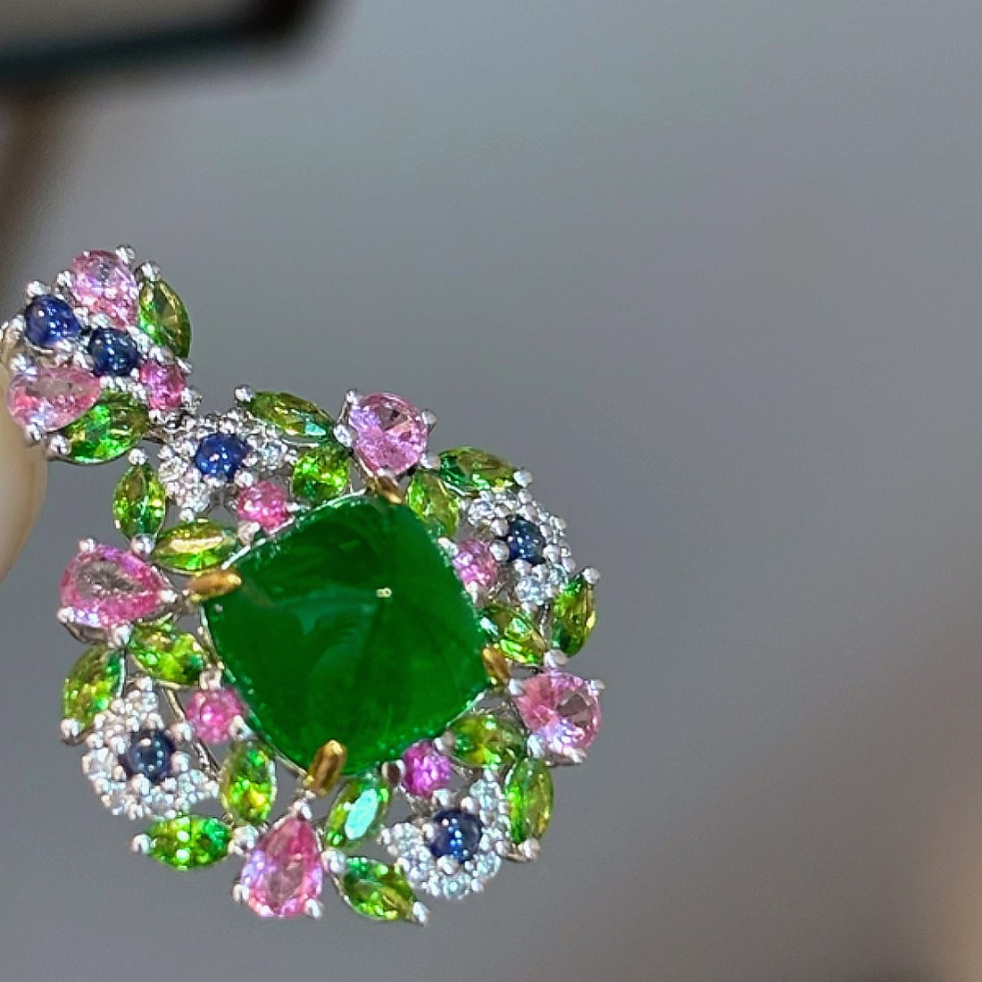 14k Gold 2.5 Ct Natural Emerald & Diamond & Coloured Gemstone Pendant( Without Chain ) - 2