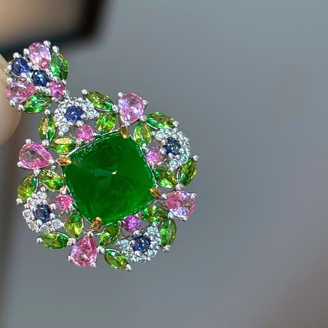 14k Gold 2.5 Ct Natural Emerald & Diamond & Coloured Gemstone Pendant( Without Chain ) - 3
