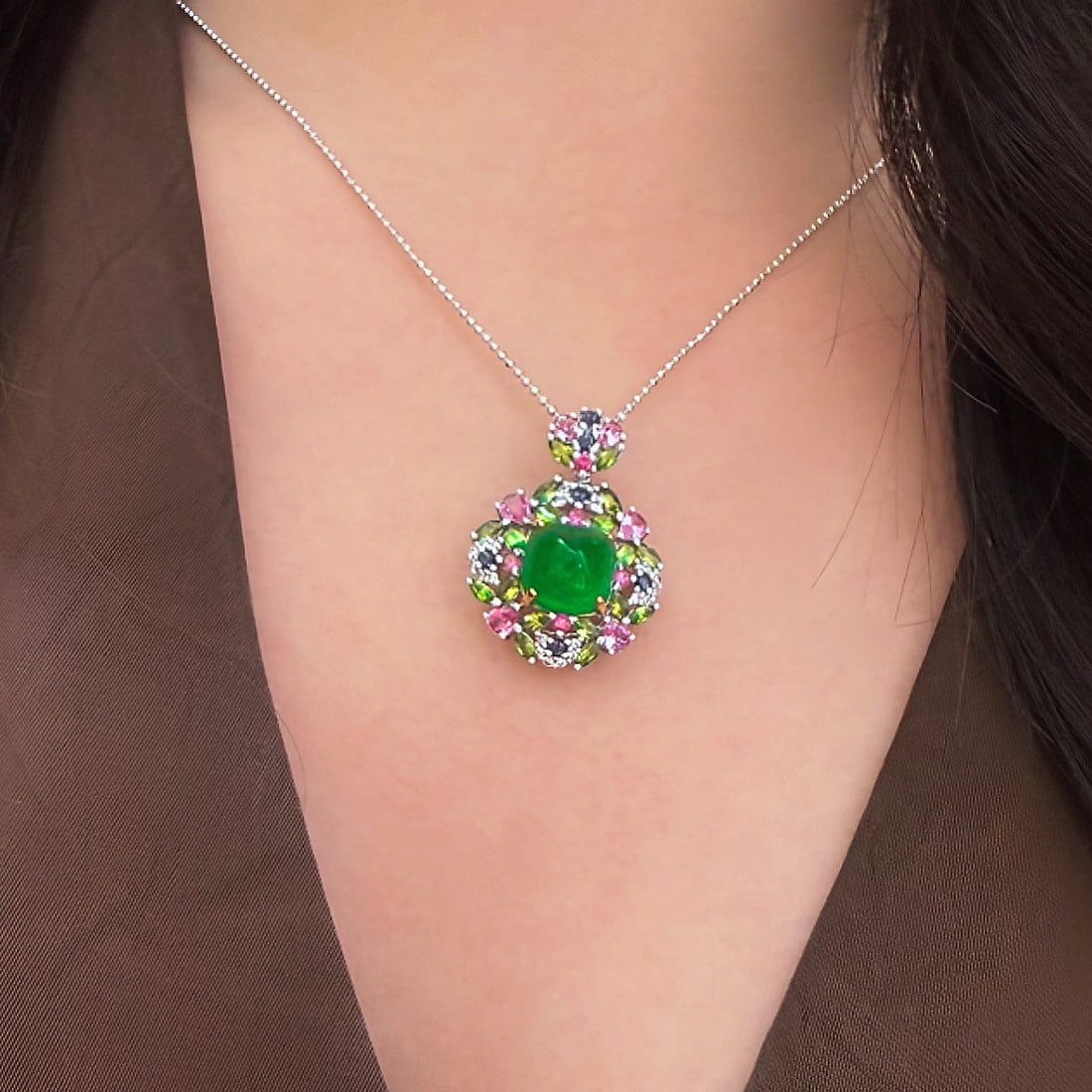14k Gold 2.5 Ct Natural Emerald & Diamond & Coloured Gemstone Pendant( Without Chain ) - 5