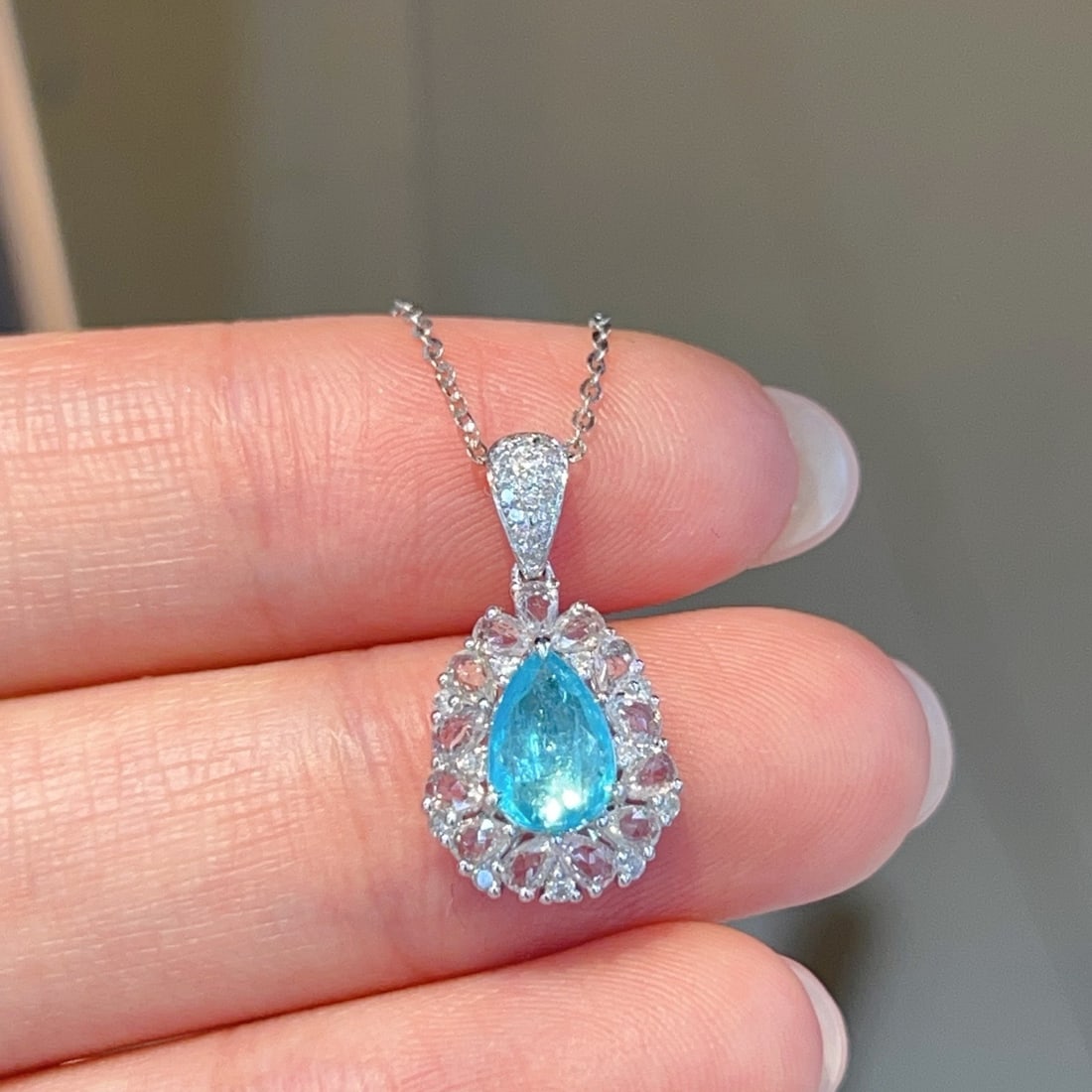 14k Gold 0.6 Ct Natural Paraiba Tourmaline & Sapphire & Diamond Pendant( Without Chain ) - 4