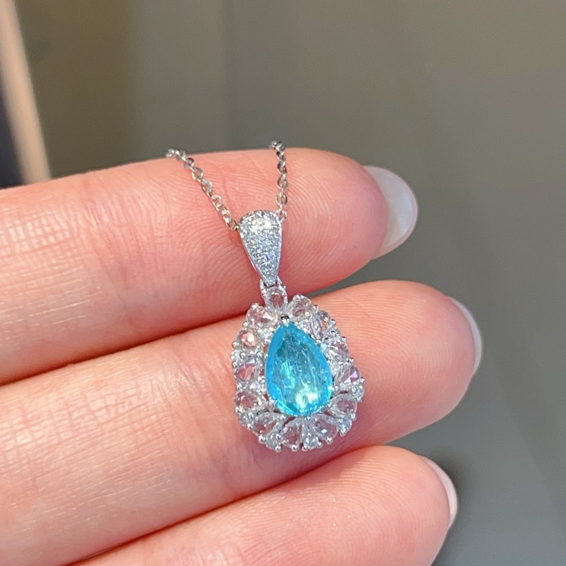 14k Gold 0.6 Ct Natural Paraiba Tourmaline & Sapphire & Diamond Pendant( Without Chain ) - 6