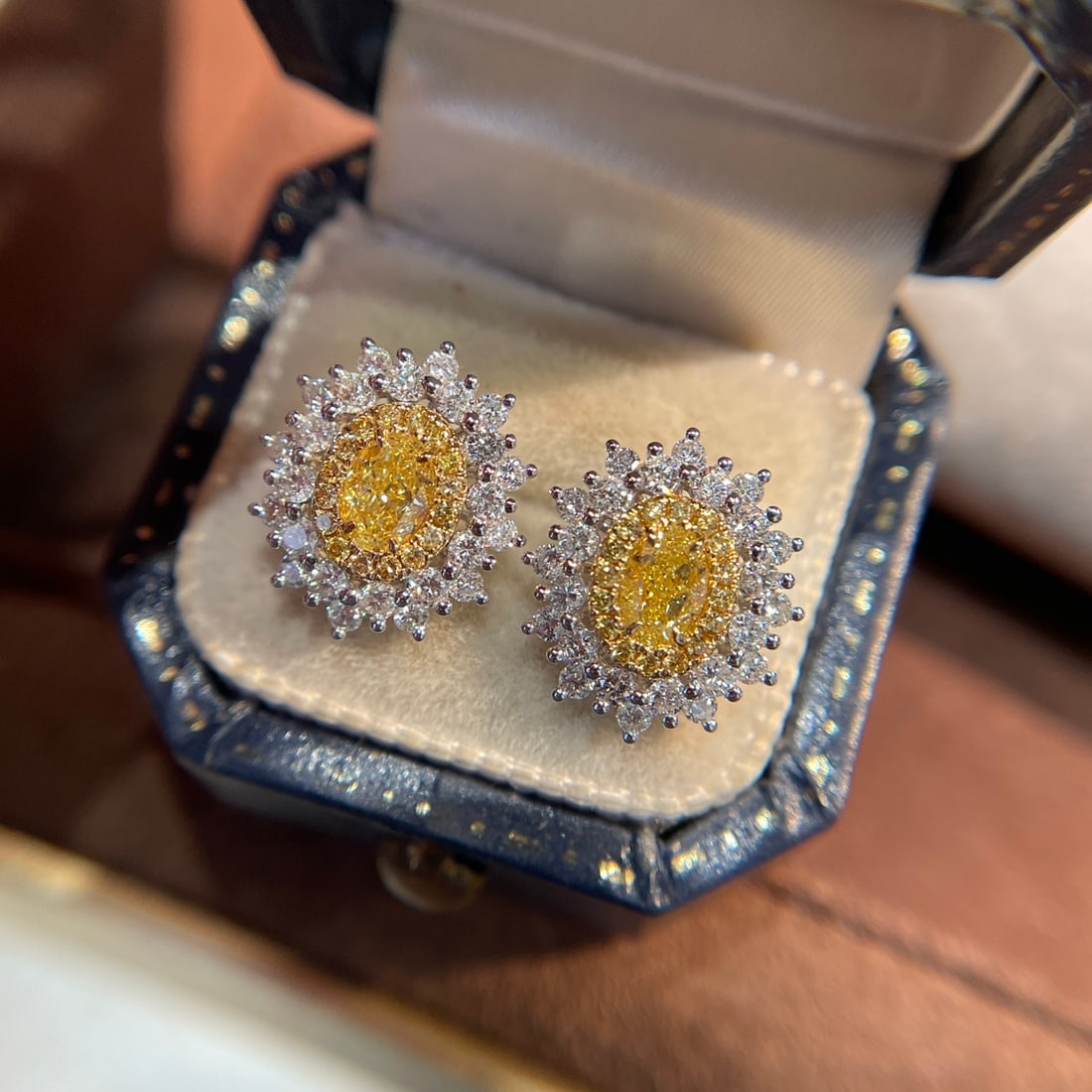 14k Gold 1.38 Ctw Natural Yellow Diamond & Diamond Earrings: Ref:231154446 // gold content:14k gold // main gemstone:yellow diamond // shape:oval // carat weight:0. 58ct // color:yellow // treatment:natural // // adjacent gemstone 2 : diamond // shape:round // 
