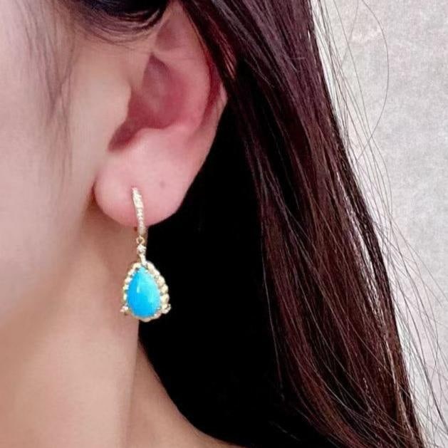 14k Gold 5.63 Ctw Natural Blue Turquoise & Diamond Earrings - 4