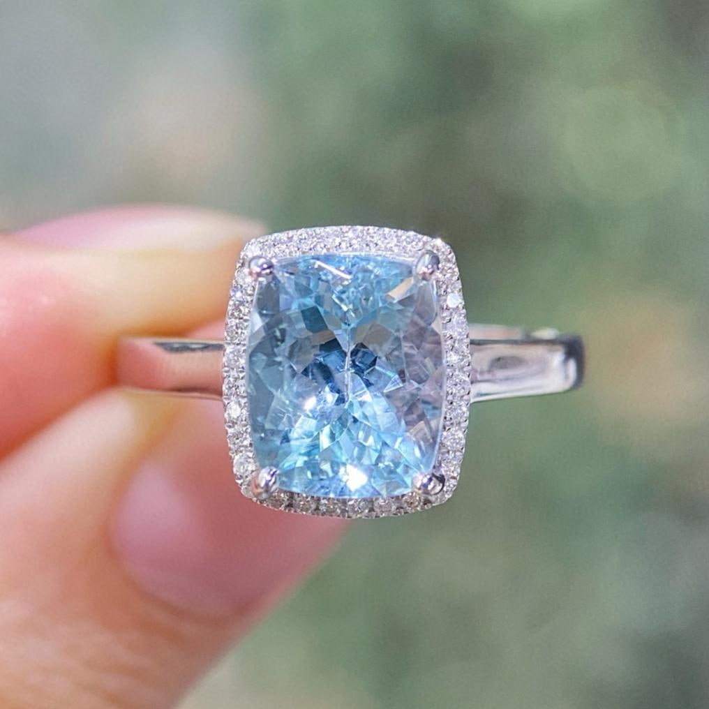 14k Gold 6.16 Ctw Natural Aquamarine & Diamond Ring: Ref:231161059 // gold content:14k gold // ring size:7. 25us // // main gemstone:aquamarine // shape:cushion // carat weight:6. 00ct // color:blue // treatment:natural // // adjacent gemstone 2 :