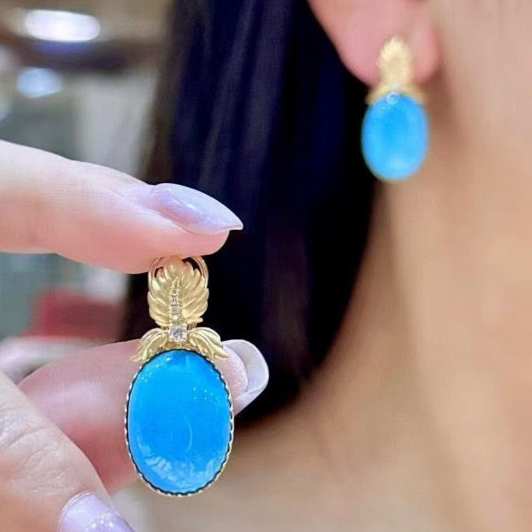 14k Gold 14.96 Ctw Natural Blue Turquoise & Diamond Earrings - 2
