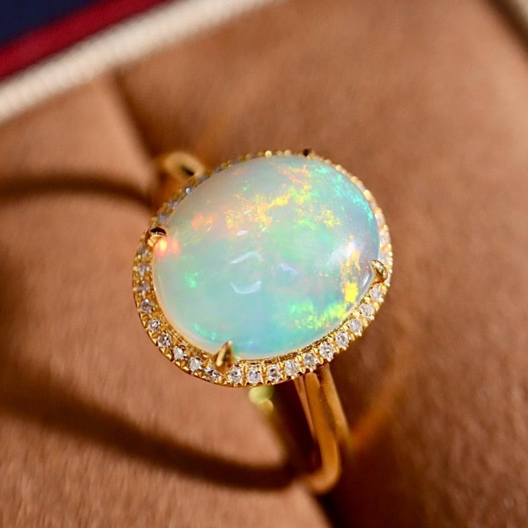 14k Gold 2.21 Ctw Natural Opal & Diamond Ring - 7