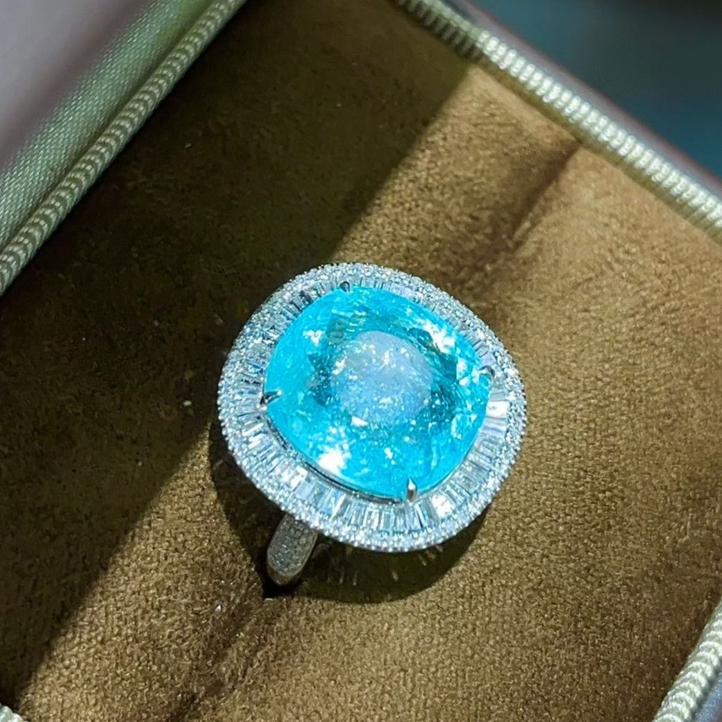 14k Gold 8.65 Ctw Natural Paraiba Tourmaline & Diamond Ring: Ref:231161210 // gold content:14k gold // ring size:7. 25us // // main gemstone:paraiba tourmaline // shape:cushion // carat weight:8ct // color:blue // treatment:natural // // adjacent gemstone 2 : d