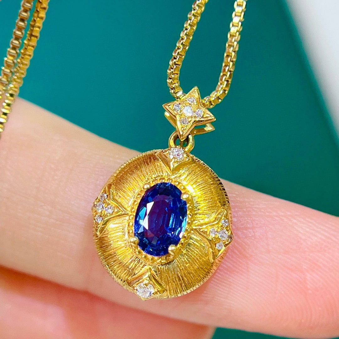 14k Gold 0.81 Ctw Natural Sapphire & Diamond Pendant( Without Chain ): Ref:231161230 // gold content:14k gold // main gemstone:sapphire // shape:oval // carat weight:0. 7ct // color:blue // treatment:natural // // adjacent gemstone 2 : diamond // shape:round // carat