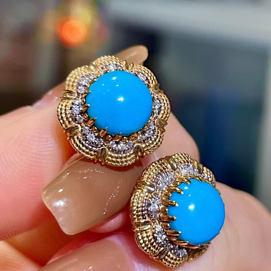 14k Gold 3.79 Ctw Natural Blue Turquoise & Diamond Earrings - 2