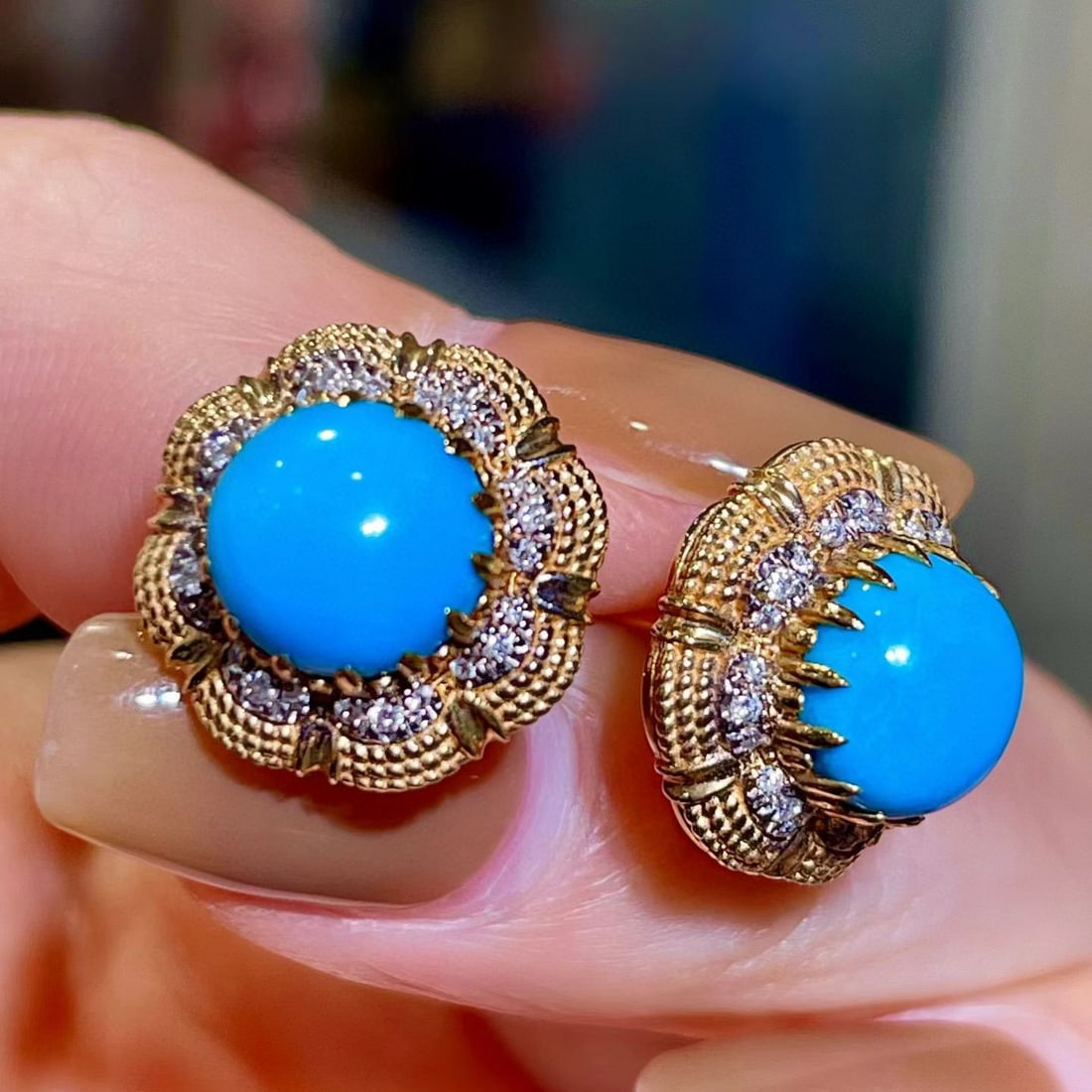 14k Gold 3.79 Ctw Natural Blue Turquoise & Diamond Earrings - 3