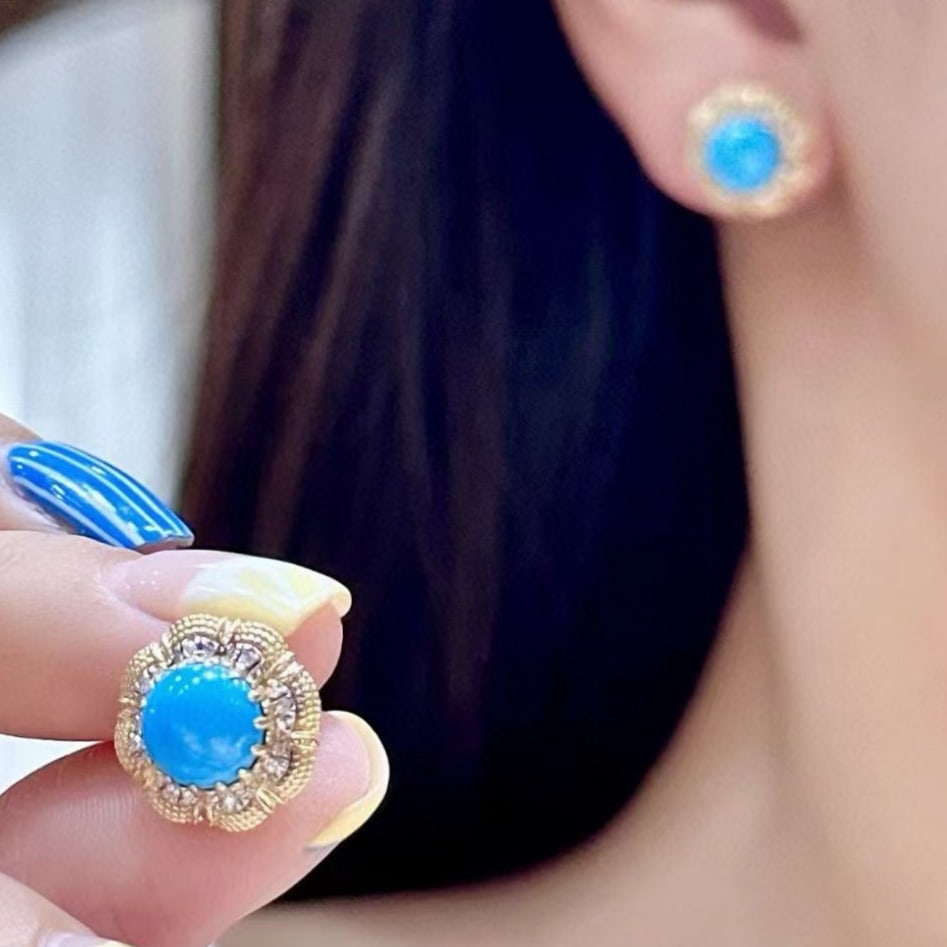 14k Gold 3.79 Ctw Natural Blue Turquoise & Diamond Earrings - 4