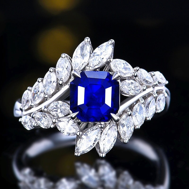 14k Gold 2.87 Ctw Natural Sapphire & Diamond Ring: Ref:231162021 // gold content:14k gold // ring size:7. 25us // // main gemstone:sapphire // shape:octagonal // carat weight:1. 84ct // color:royal blue // treatment:natural // // adjacent gemstone 2 :