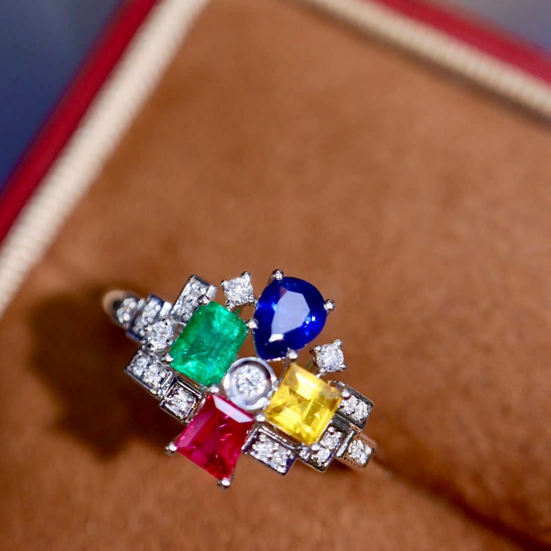 14k Gold 1.44 Ctw Natural Sapphire & Ruby & Emerald & Diamond Ring: Ref:231162034 // gold content:14k gold // ring size:7. 25us // // main gemstone:sapphire & ruby & emerald // shape:multiple // carat weight:1. 35ct // color:color // treatment:natural // // adjacent