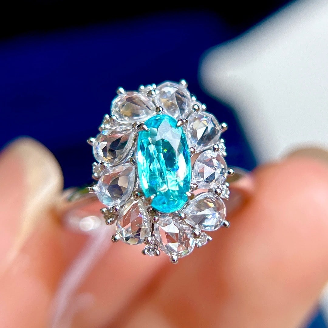 14k Gold 0.83 Ctw Natural Paraiba Tourmaline & Diamond Ring/pendant( Without Chain ): Ref:231162072 // gold content:14k gold // ring size:7. 25us // // main gemstone:paraiba tourmaline // shape:oval // carat weight:0. 73ct // color:green // treatment:natural // // adjacent gemstone 2